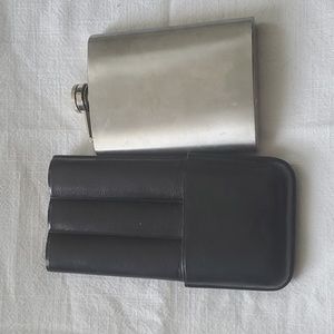 Black Leather Cigar Case and Silver Flask Set